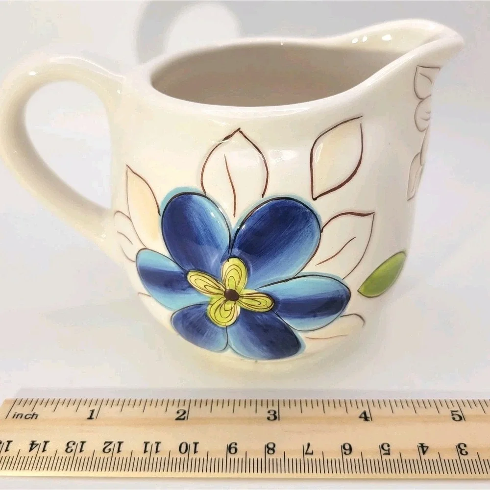 Laurie Gates Lola Embossed Floral Stoneware Creamer‎ Handpainted Cottagecore